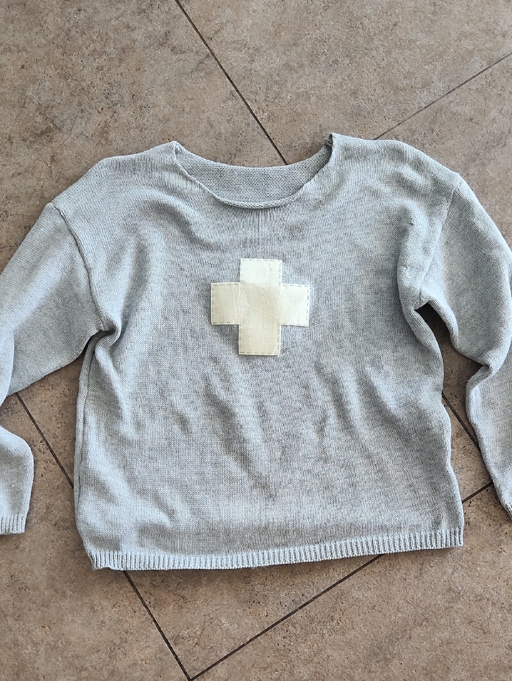 Women's Light Gray Sweater with Cream Cross Patch